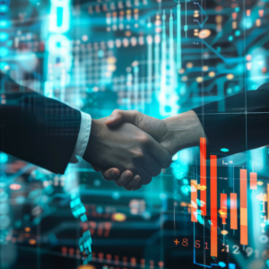 two professionals engage in handshake with data and financial graphs in background.
