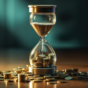 sand timer and coins