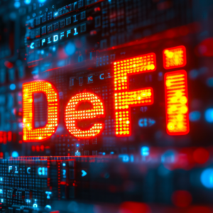 defi in lights on blockchain background, decentralized finance