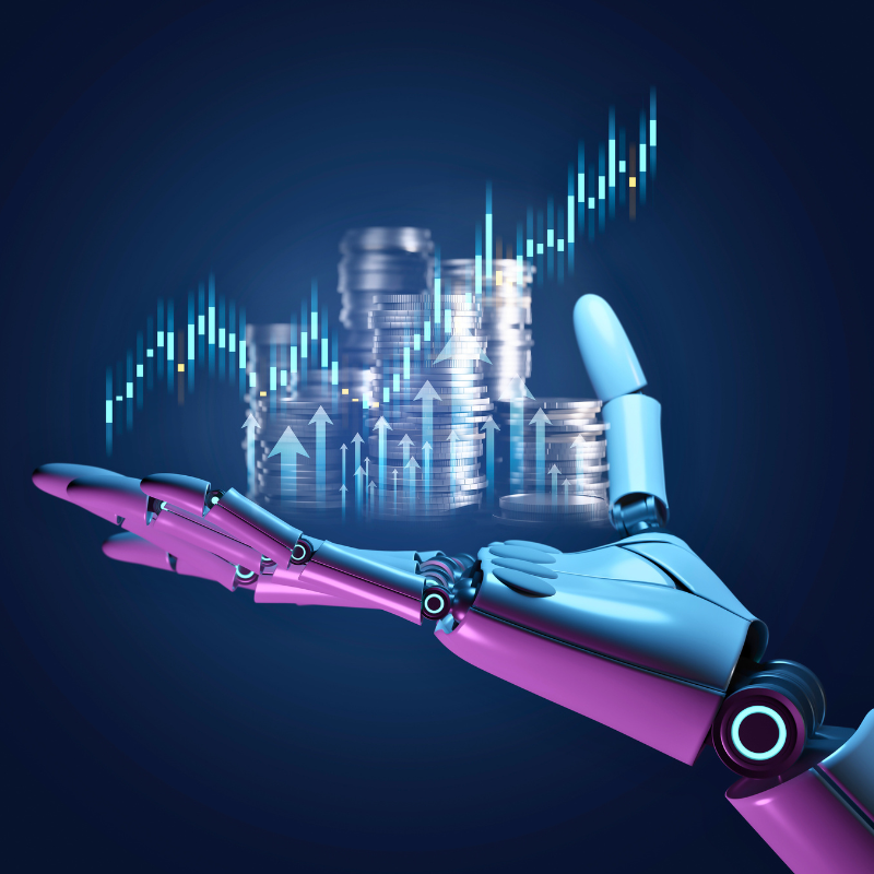 AI(Artificial Intelligence) Financial Technology concept background of robot hand holding and analyzing financial operations.