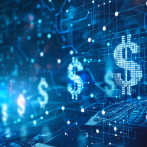 digital dollar signs, money