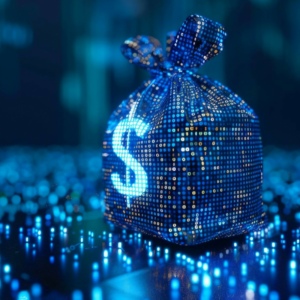 digital blue moneybag with a dollar "$" icon with binary code, ai financial transactions