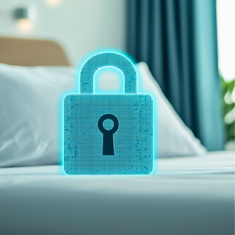 A digital lock on a bed, symbolizing security and privacy in the hospitality industry. Concept of hotel security, data protection, and digital safety.