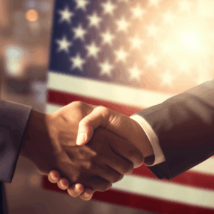 government contract/agreement, handshake with american flag in the background