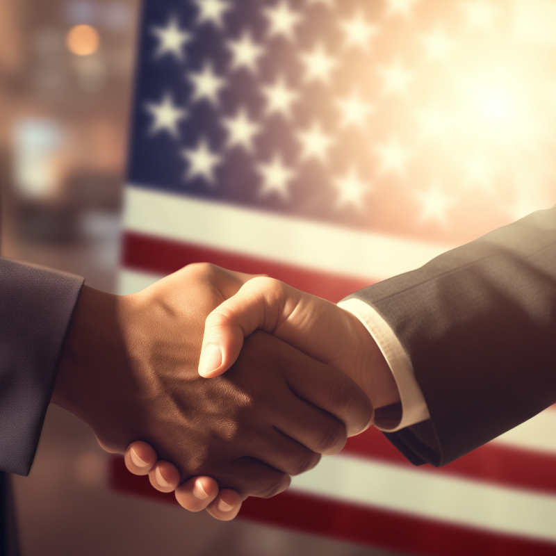 government contract/agreement, handshake with american flag in the background
