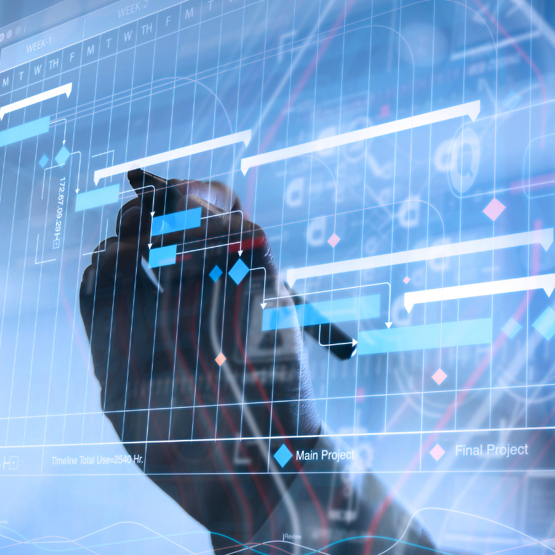 Project manager updating tasks with milestone progress planning and Gantt chart scheduling.