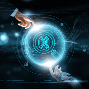Cyber depicting of a human male hand and a robot hand working together in AI Forensic Accounting and Fraud investigations.