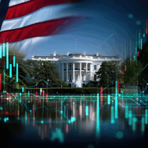 Economic analysis and stock market trends superimposed on the White House