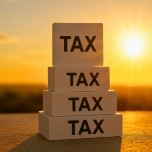 Tax blocks stacked against sunset symbolize importance of TCJA Sunset Adaption Plan for Law Firms.
