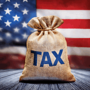 A big burlap sack with Tax written in blue capital letters in front of an American Flag representing the The One, Big, Beautiful Tax Bill.