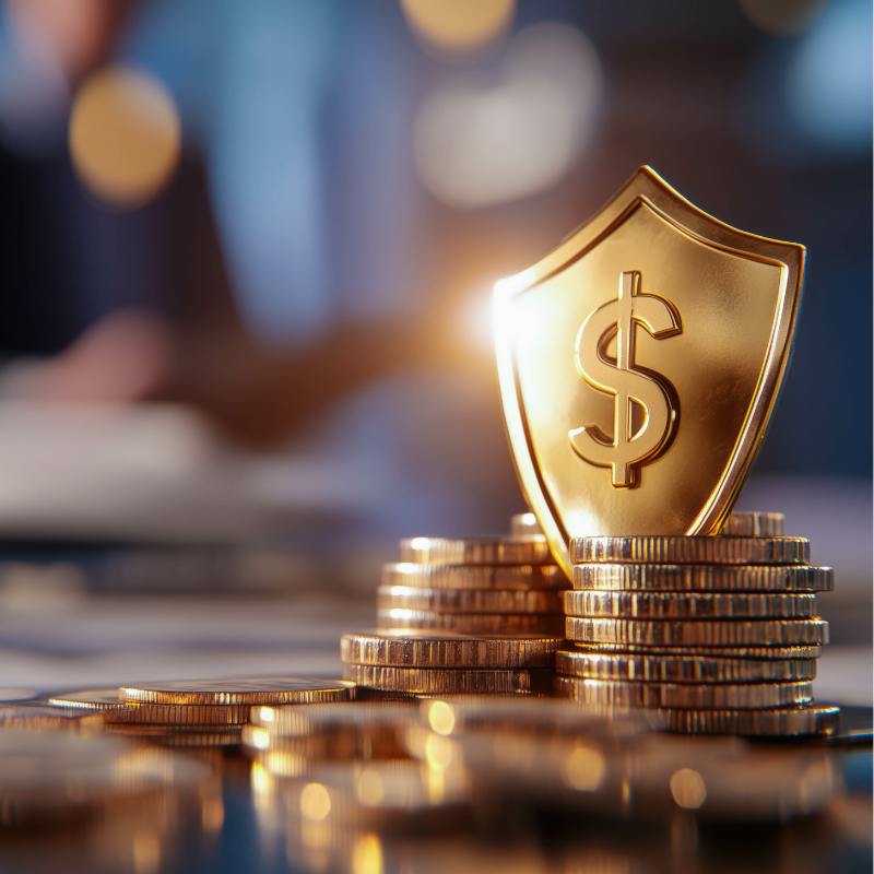 Theatre and Entertainment Wealth protection with coins and golden shield.