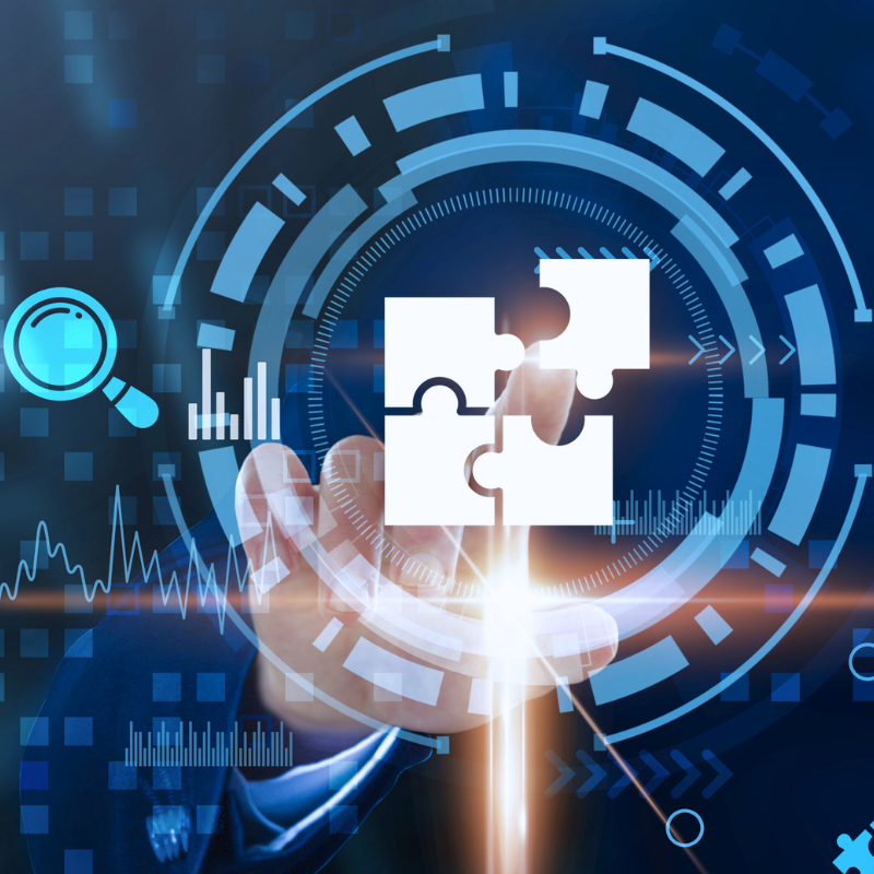 Businessman analyzes ERP cloud solutions-driven technological data. Image shows Solutions, innovation, efficiency, optimization, collaboration, strategy, growth,